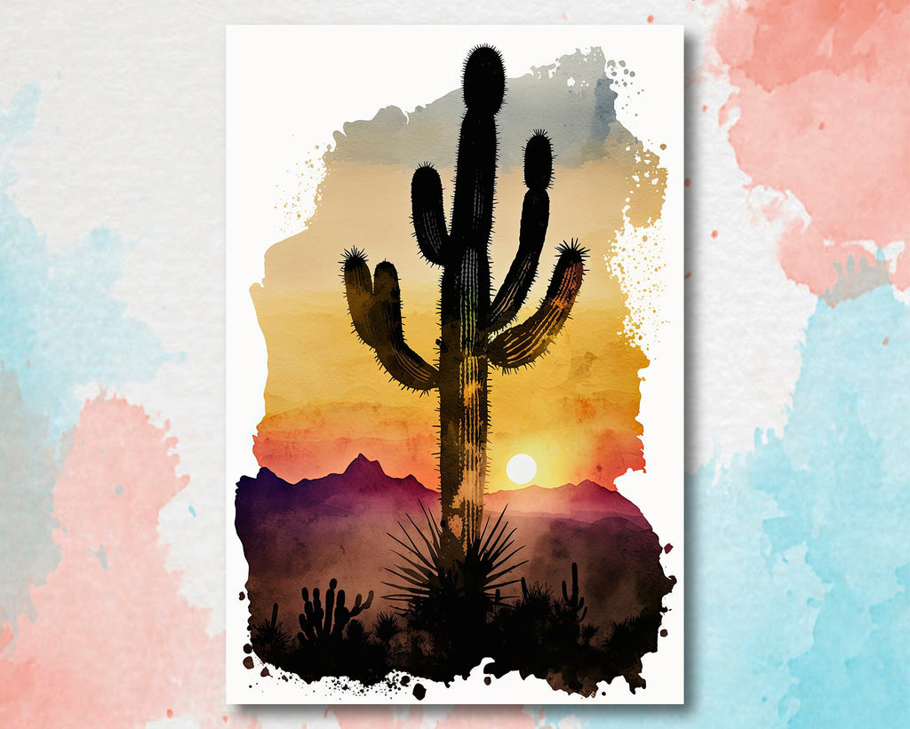 Desert Cactus Sunset Print Colorful Watercolor Wall Art Southwest Landscape Gift Saguaro Beautiful Nature Home Decor