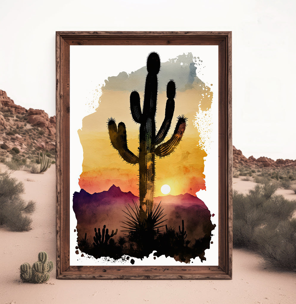 Desert Cactus Sunset Print Colorful Watercolor Wall Art Southwest Landscape Gift Saguaro Beautiful Nature Home Decor