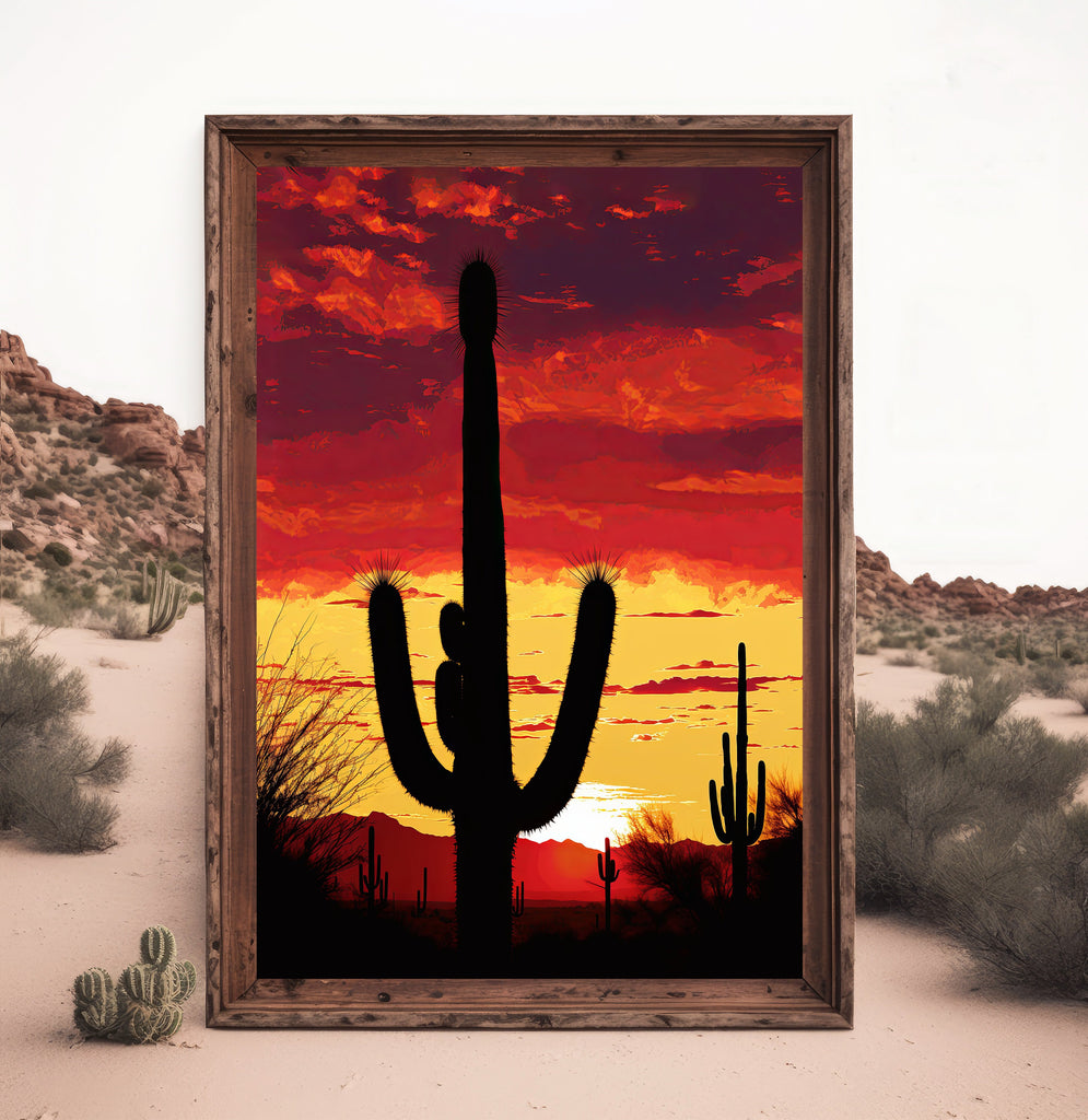 Desert Cactus Sunset Print Colorful Watercolor Wall Art Southwest Landscape Gift Saguaro Beautiful Nature Home Decor