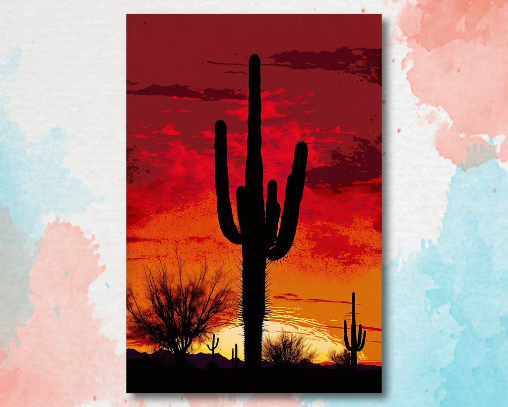 Desert Cactus Sunset Print Colorful Watercolor Wall Art Southwest Landscape Gift Saguaro Beautiful Nature Home Decor