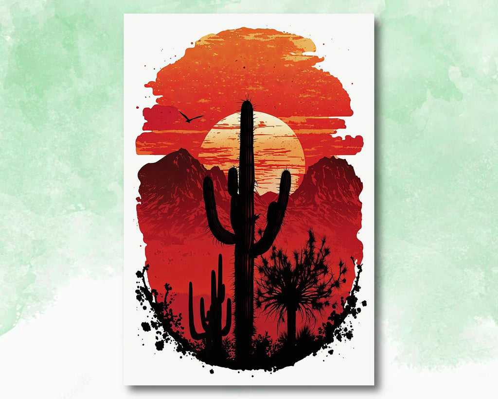 Desert Cactus Sunset Print Colorful Watercolor Wall Art Southwest Landscape Gift Saguaro Beautiful Nature Home Decor