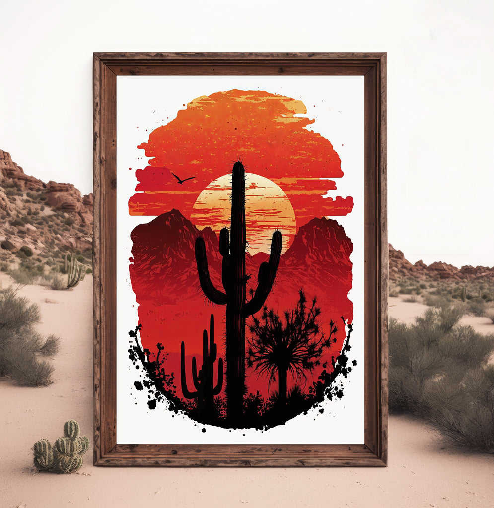 Desert Cactus Sunset Print Colorful Watercolor Wall Art Southwest Landscape Gift Saguaro Beautiful Nature Home Decor