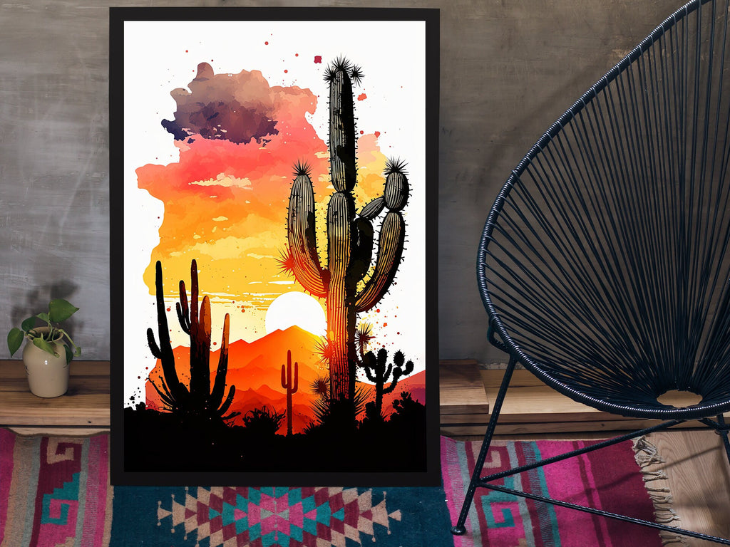 Desert Cactus Sunset Print Colorful Watercolor Wall Art Southwest Landscape Gift Saguaro Beautiful Nature Home Decor