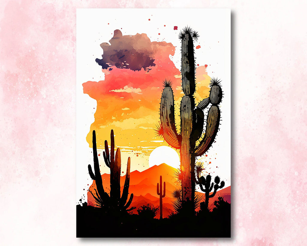 Desert Cactus Sunset Print Colorful Watercolor Wall Art Southwest Landscape Gift Saguaro Beautiful Nature Home Decor