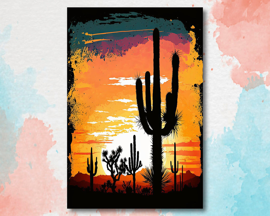 Desert Cactus Sunset Print Colorful Watercolor Wall Art Southwest Landscape Gift Saguaro Beautiful Nature Home Decor