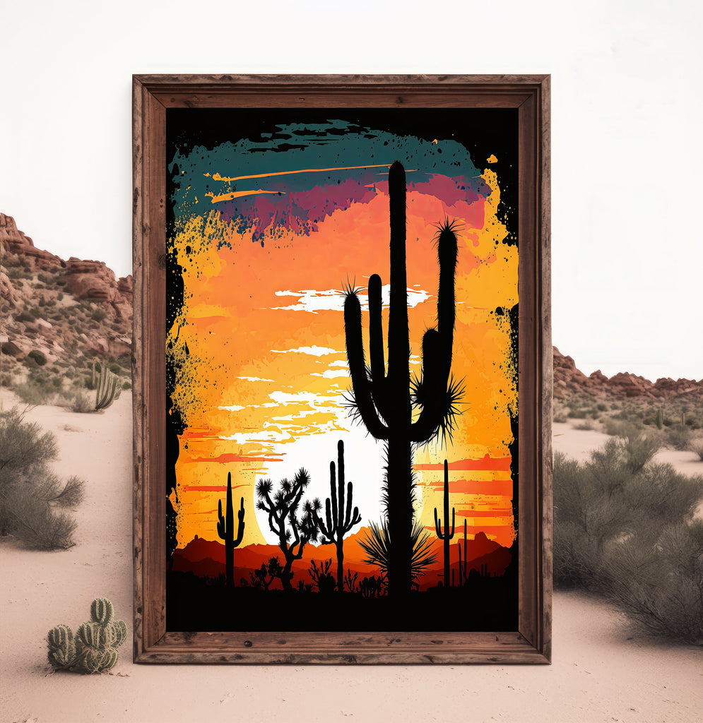 Desert Cactus Sunset Print Colorful Watercolor Wall Art Southwest Landscape Gift Saguaro Beautiful Nature Home Decor