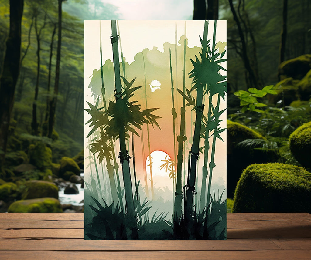 Japanese Bamboo Sunset Wall Art Asian Print Tropical Nature Inspired Zen Botanical Watercolor Painting Gift Floral Decor