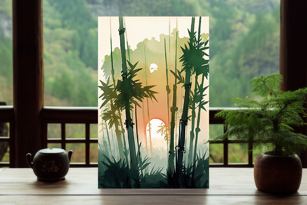 Japanese Bamboo Sunset Wall Art Asian Print Tropical Nature Inspired Zen Botanical Watercolor Painting Gift Floral Decor