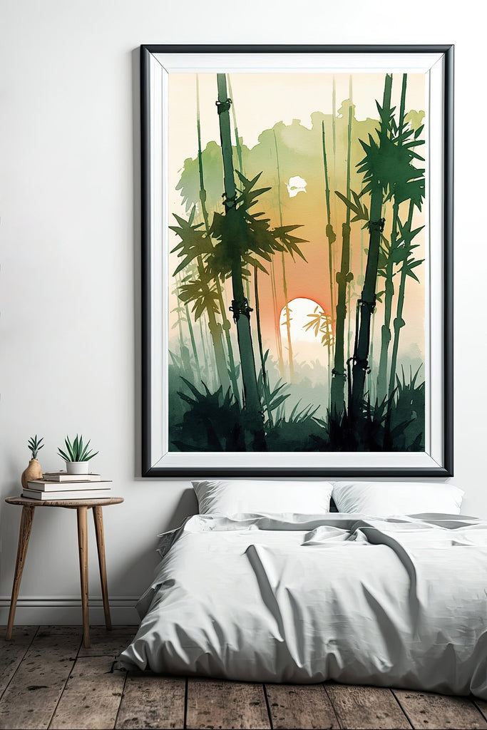 Japanese Bamboo Sunset Wall Art Asian Print Tropical Nature Inspired Zen Botanical Watercolor Painting Gift Floral Decor