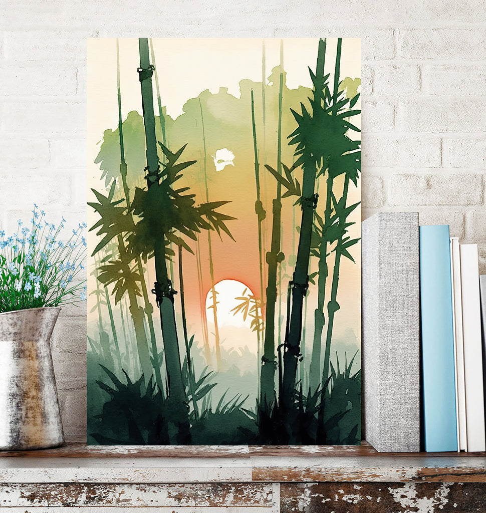 Japanese Bamboo Sunset Wall Art Asian Print Tropical Nature Inspired Zen Botanical Watercolor Painting Gift Floral Decor