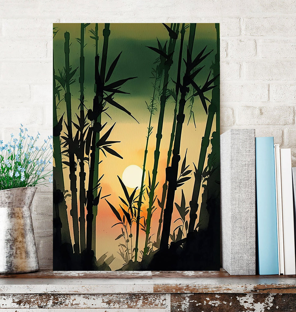 Japanese Bamboo Sunset Wall Art Asian Print Tropical Nature Inspired Zen Botanical Watercolor Painting Gift Floral Decor