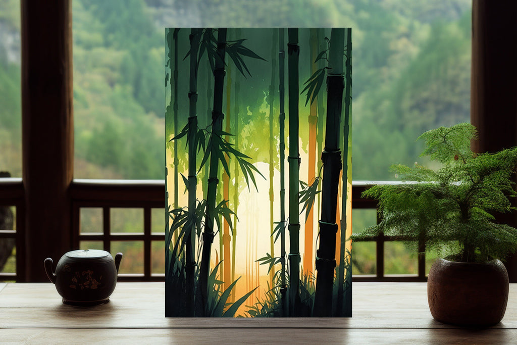 Japanese Bamboo Sunset Wall Art Asian Print Tropical Nature Inspired Zen Botanical Watercolor Painting Gift Floral Decor