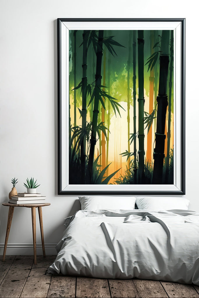 Japanese Bamboo Sunset Wall Art Asian Print Tropical Nature Inspired Zen Botanical Watercolor Painting Gift Floral Decor