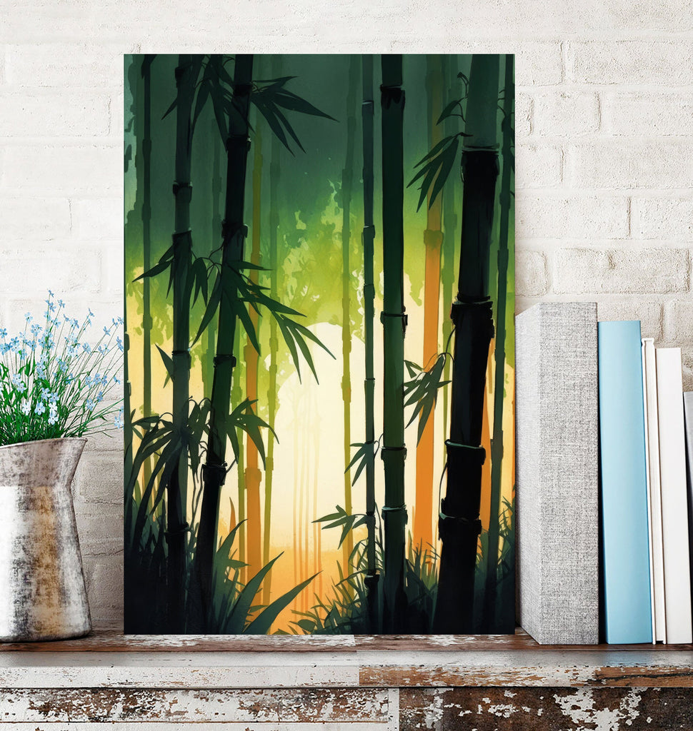 Japanese Bamboo Sunset Wall Art Asian Print Tropical Nature Inspired Zen Botanical Watercolor Painting Gift Floral Decor