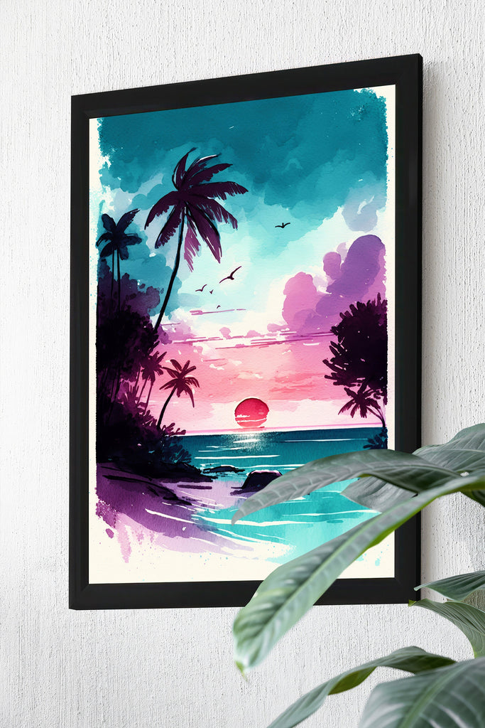 Palm Tree Sunset Art Print Tropical Watercolor Coastal Wall Art Nature Inspired Gift Beach House Home Decor