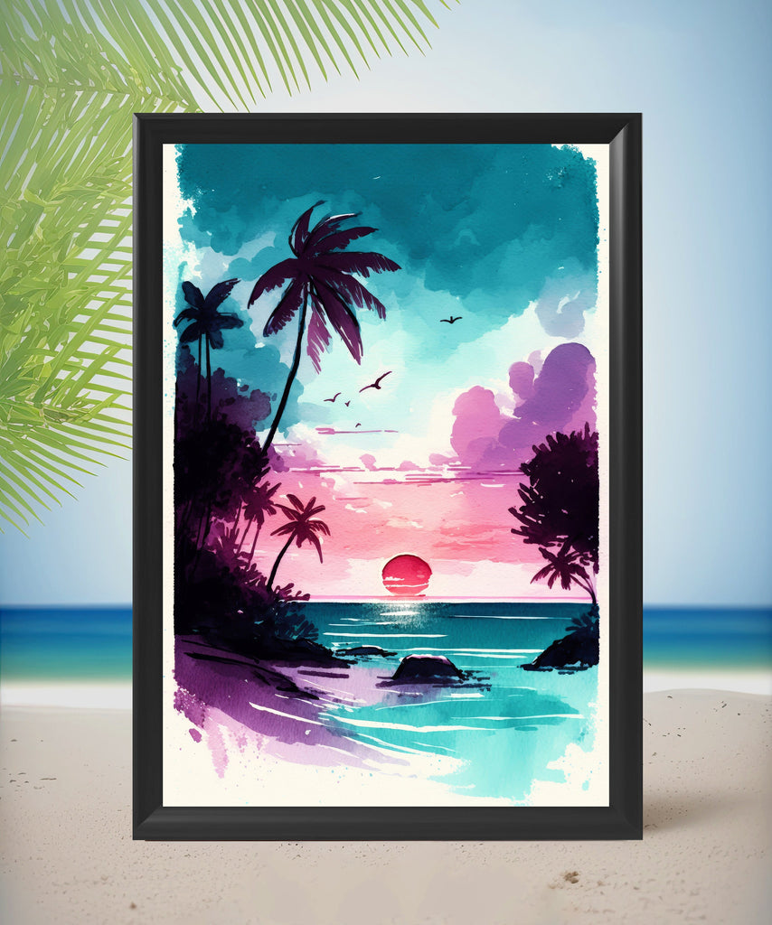 Palm Tree Sunset Art Print Tropical Watercolor Coastal Wall Art Nature Inspired Gift Beach House Home Decor