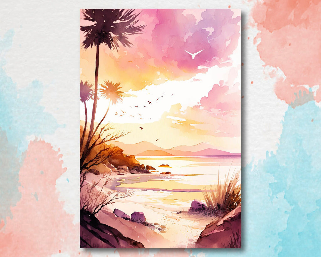 Palm Tree Sunset Art Print Tropical Watercolor Coastal Wall Art Nature Inspired Gift Beach House Home Decor