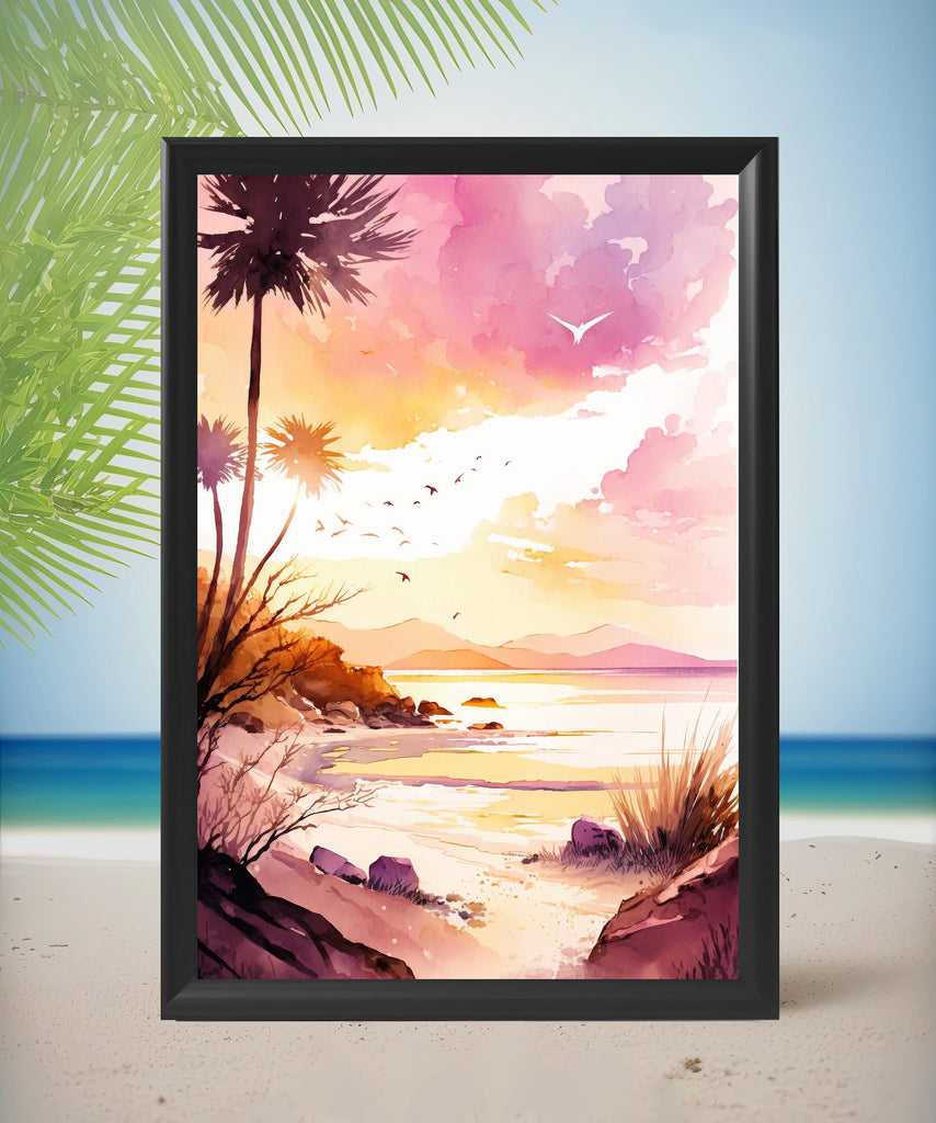 Palm Tree Sunset Art Print Tropical Watercolor Coastal Wall Art Nature Inspired Gift Beach House Home Decor