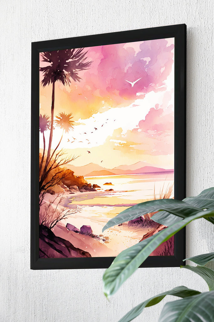 Palm Tree Sunset Art Print Tropical Watercolor Coastal Wall Art Nature Inspired Gift Beach House Home Decor