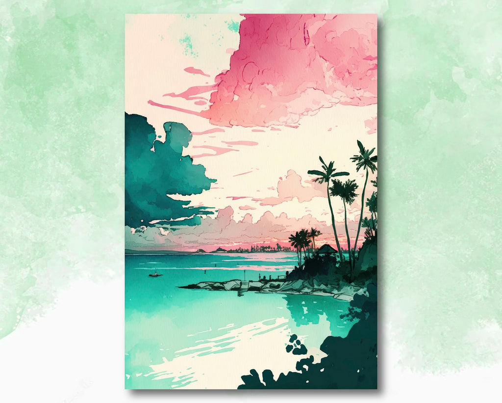 Palm Tree Sunset Art Print Tropical Watercolor Coastal Wall Art Nature Inspired Gift Beach House Home Decor