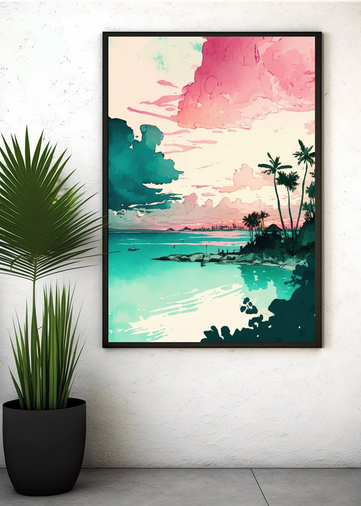 Palm Tree Sunset Art Print Tropical Watercolor Coastal Wall Art Nature Inspired Gift Beach House Home Decor