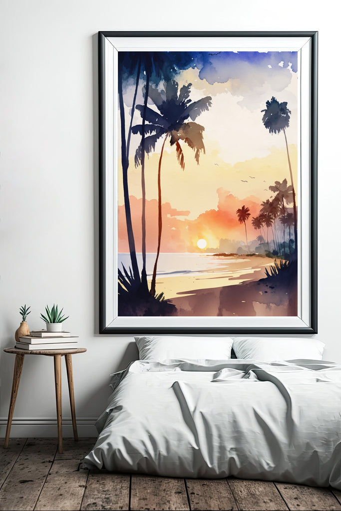 Palm Tree Sunset Art Print Tropical Watercolor Coastal Wall Art Nature Inspired Gift Beach House Home Decor