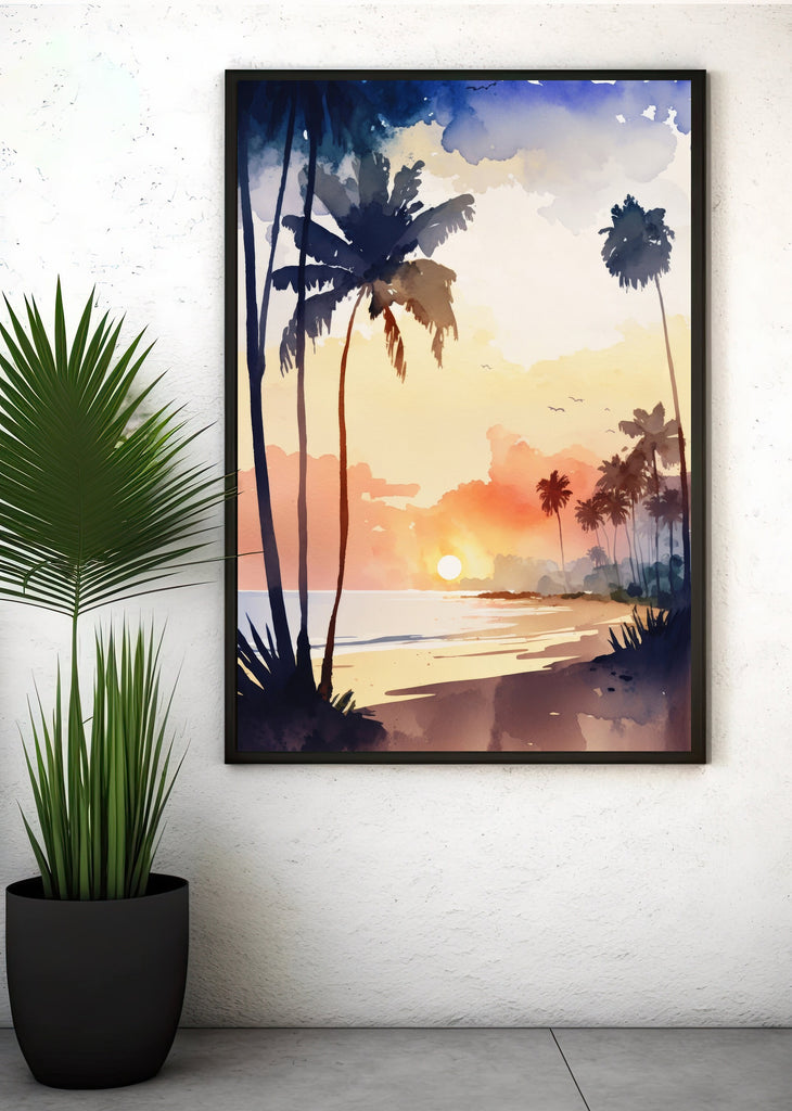 Palm Tree Sunset Art Print Tropical Watercolor Coastal Wall Art Nature Inspired Gift Beach House Home Decor