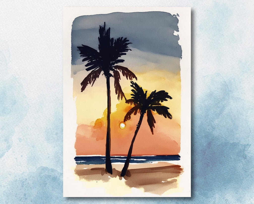 Palm Tree Sunset Art Print Tropical Watercolor Coastal Wall Art Nature Inspired Gift Beach House Home Decor