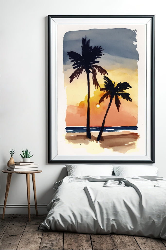 Palm Tree Sunset Art Print Tropical Watercolor Coastal Wall Art Nature Inspired Gift Beach House Home Decor