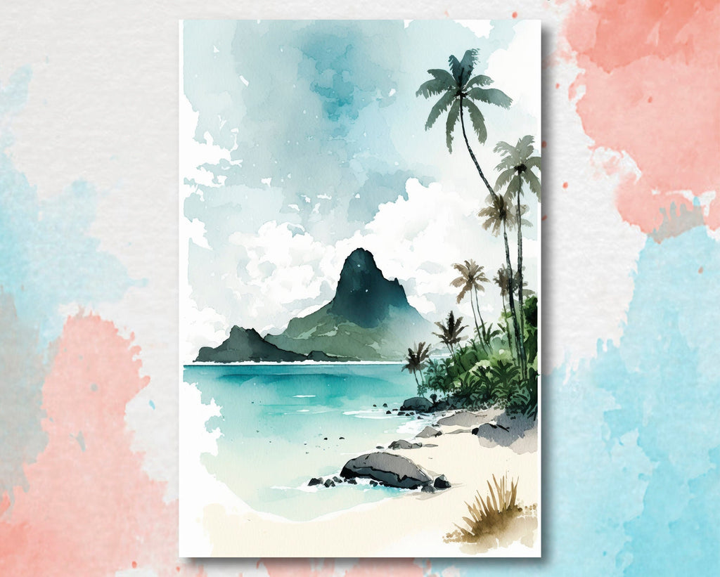 Tropical Palm Tree Beach Art Print Watercolor Coastal Wall Art Nature Inspired French Polynesia Gift Ocean Beach House Decor