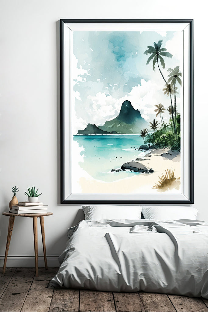 Tropical Palm Tree Beach Art Print Watercolor Coastal Wall Art Nature Inspired French Polynesia Gift Ocean Beach House Decor