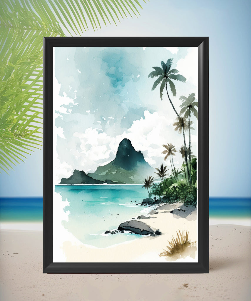 Tropical Palm Tree Beach Art Print Watercolor Coastal Wall Art Nature Inspired French Polynesia Gift Ocean Beach House Decor