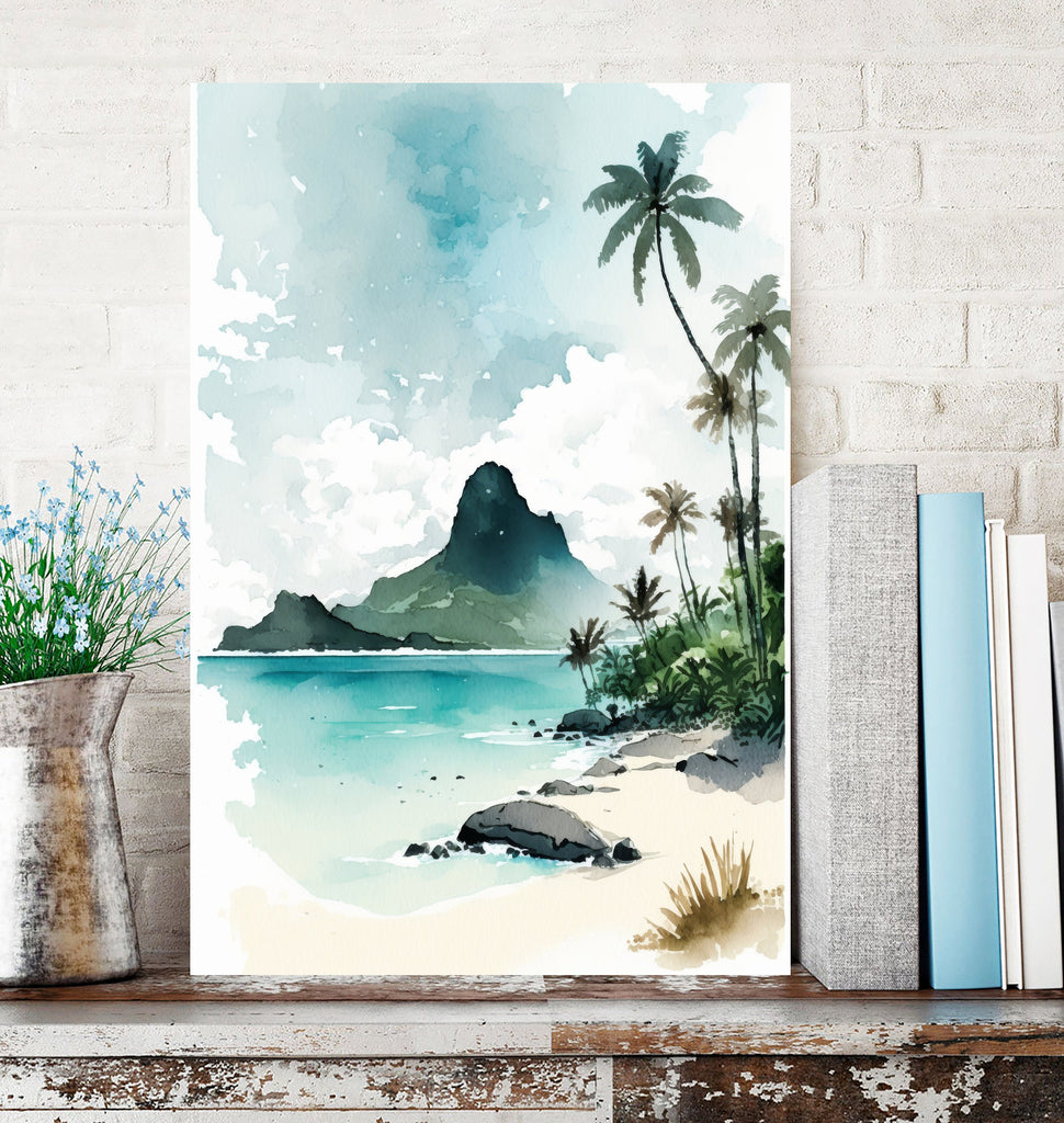 Tropical Palm Tree Beach Art Print Watercolor Coastal Wall Art Nature Inspired French Polynesia Gift Ocean Beach House Decor