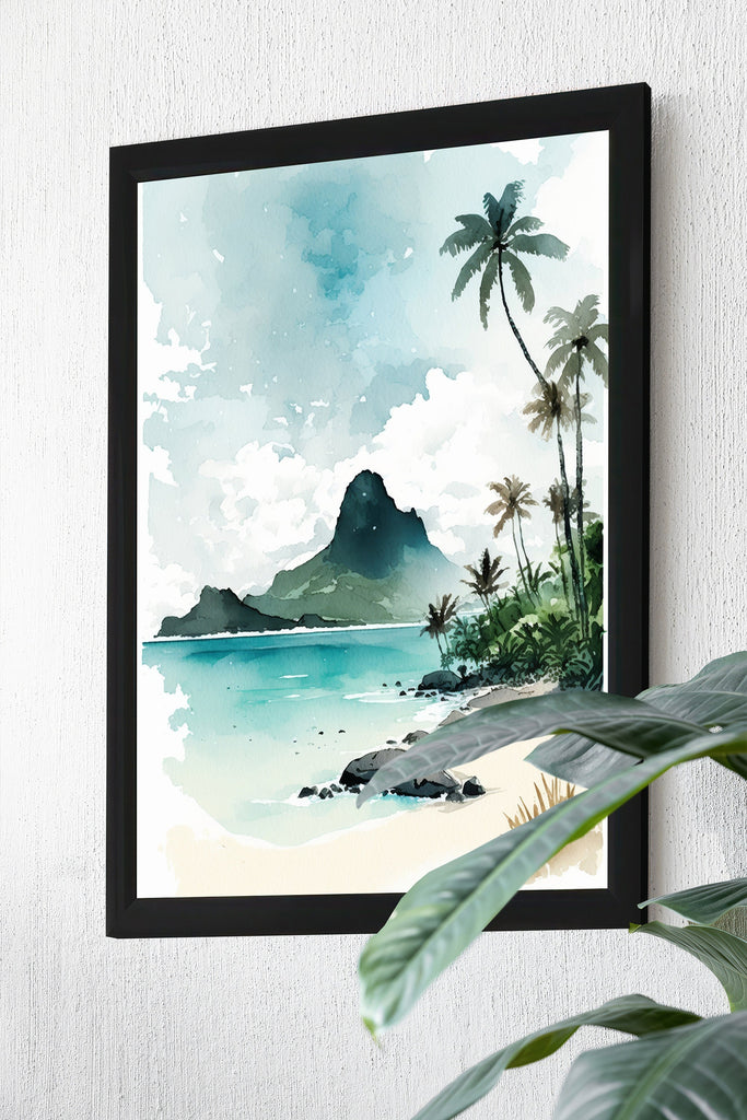 Tropical Palm Tree Beach Art Print Watercolor Coastal Wall Art Nature Inspired French Polynesia Gift Ocean Beach House Decor