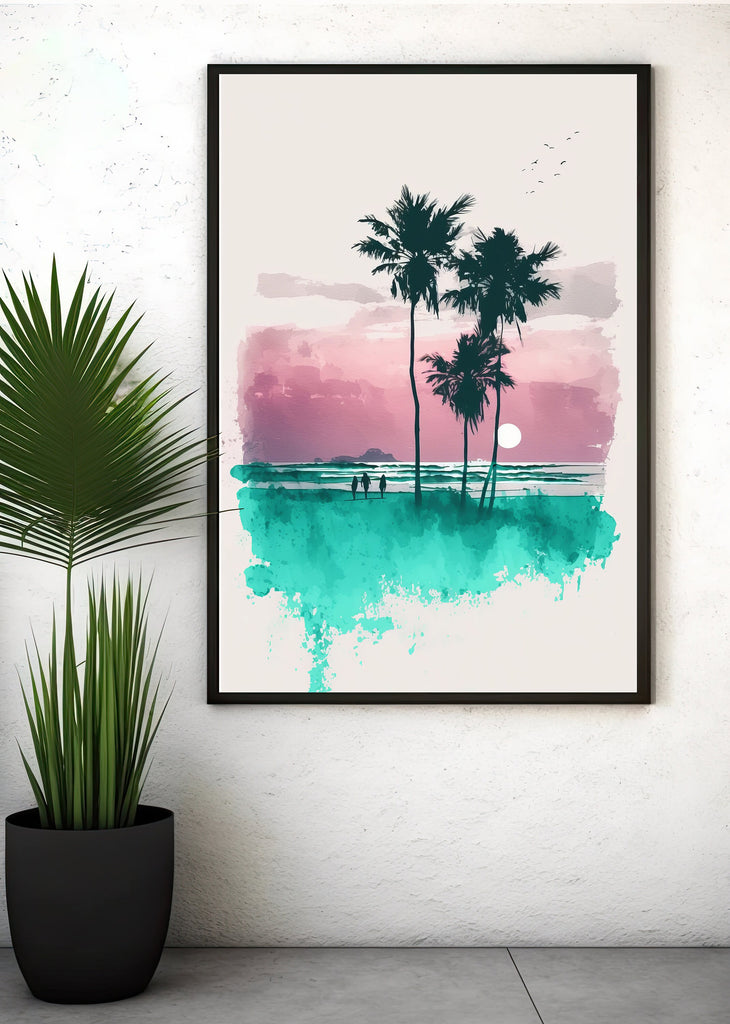 Palm Tree Sunset Art Print Tropical Watercolor Coastal Wall Art Nature Inspired Gift Beach House Home Decor