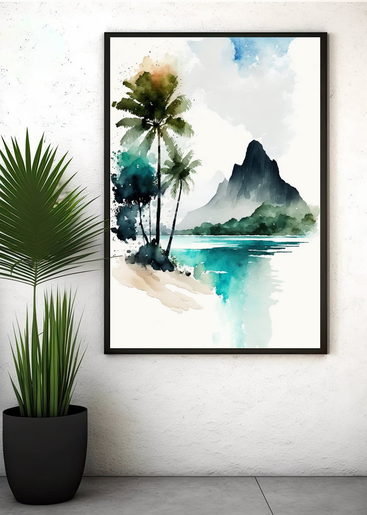 Tropical Palm Tree Beach Art Print Watercolor Coastal Wall Art Nature Inspired French Polynesia Gift Ocean Beach House Decor