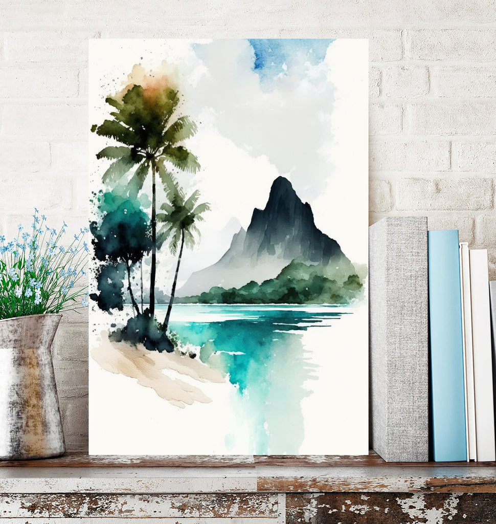 Tropical Palm Tree Beach Art Print Watercolor Coastal Wall Art Nature Inspired French Polynesia Gift Ocean Beach House Decor