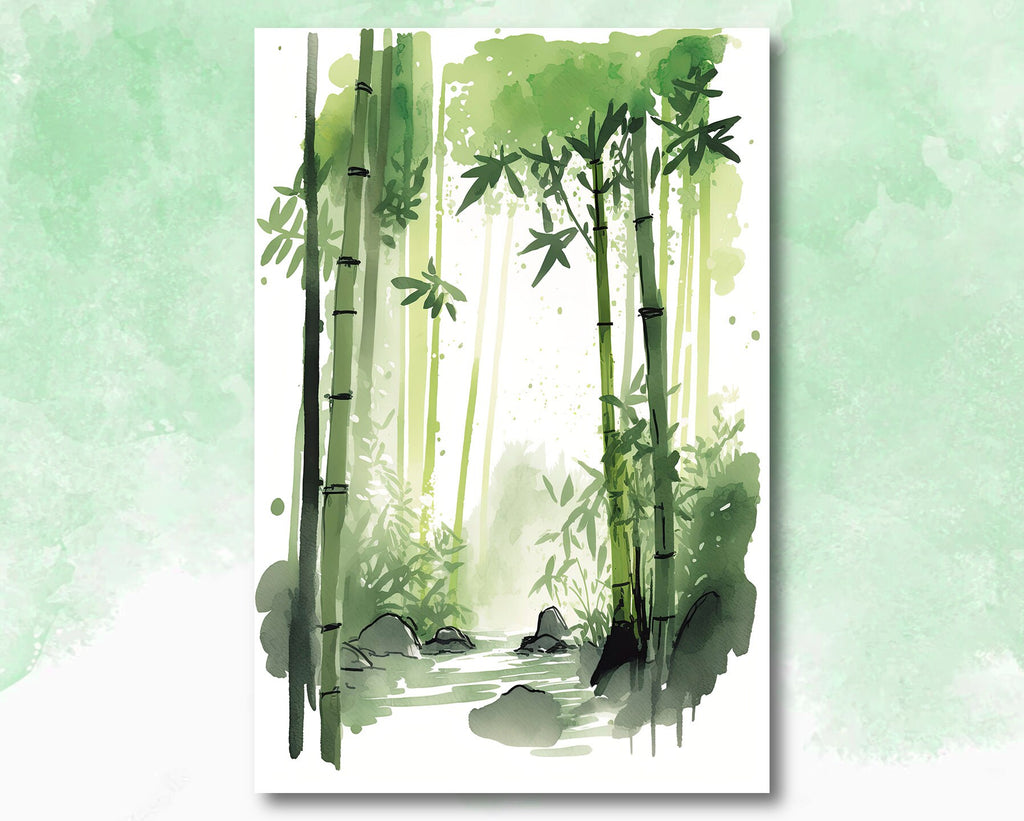 Minimalist Japanese Bamboo Wall Art Asian Print Nature Inspired Zen Botanical Watercolor Painting Gift Floral Decor