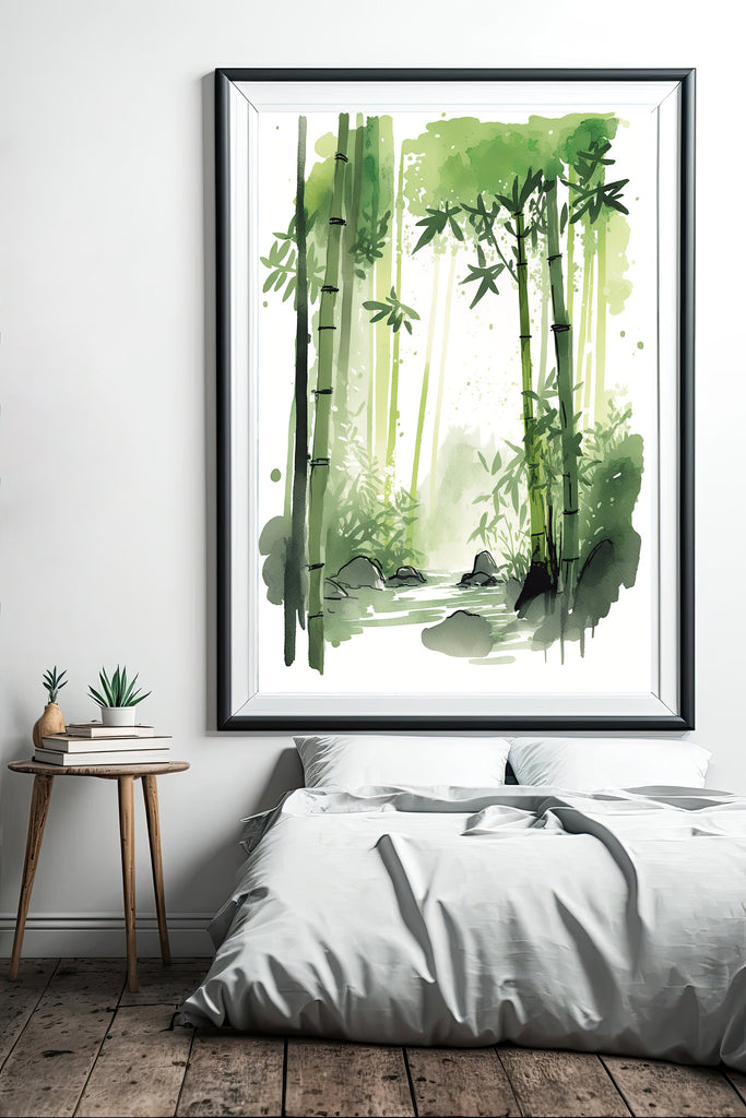 Minimalist Japanese Bamboo Wall Art Asian Print Nature Inspired Zen Botanical Watercolor Painting Gift Floral Decor