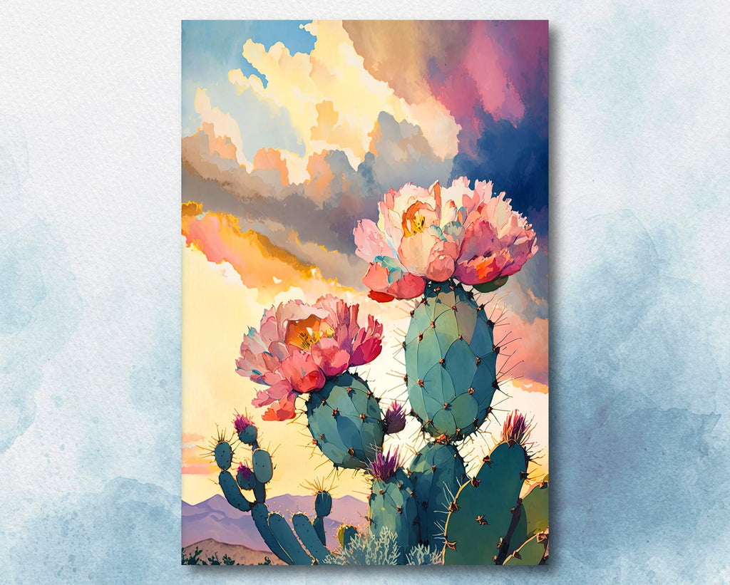 Flower Prickly Pear Cactus Sunset Art Print Watercolor Botanical Desert Wall Art Nature Inspired Sonoran Art Southwest Western Decor