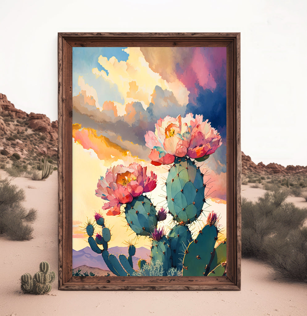 Flower Prickly Pear Cactus Sunset Art Print Watercolor Botanical Desert Wall Art Nature Inspired Sonoran Art Southwest Western Decor