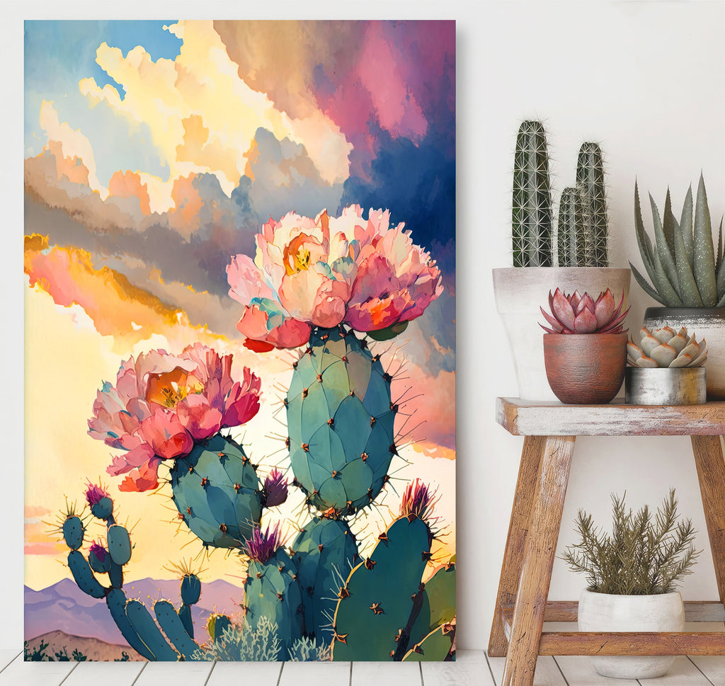 Flower Prickly Pear Cactus Sunset Art Print Watercolor Botanical Desert Wall Art Nature Inspired Sonoran Art Southwest Western Decor