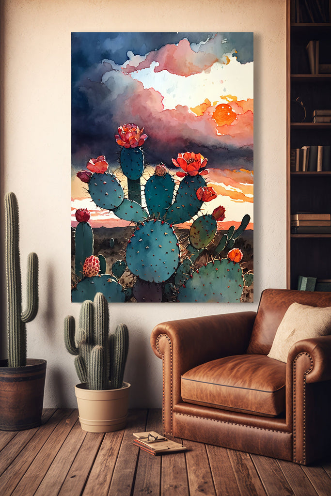 Flower Prickly Pear Cactus Sunset Art Print Watercolor Botanical Desert Wall Art Nature Inspired Sonoran Art Southwest Western Decor