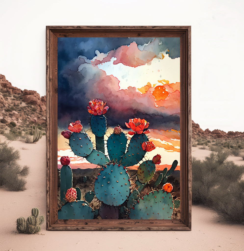 Flower Prickly Pear Cactus Sunset Art Print Watercolor Botanical Desert Wall Art Nature Inspired Sonoran Art Southwest Western Decor