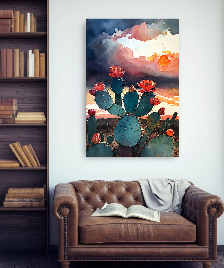 Flower Prickly Pear Cactus Sunset Art Print Watercolor Botanical Desert Wall Art Nature Inspired Sonoran Art Southwest Western Decor