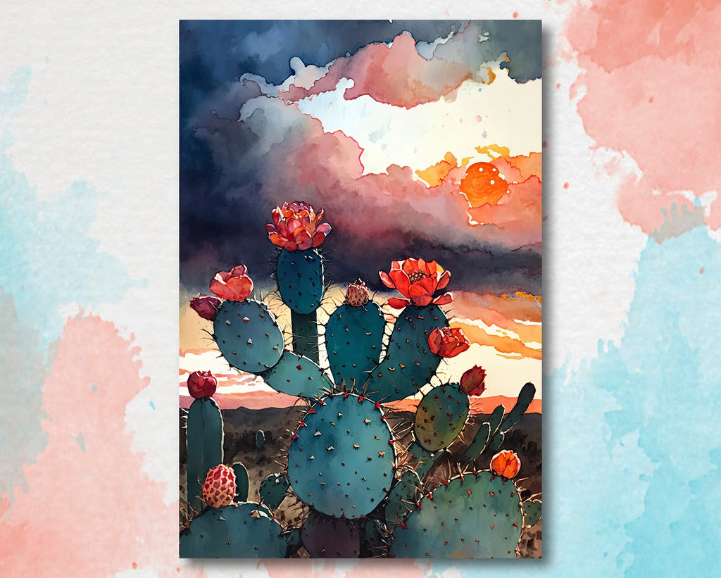 Flower Prickly Pear Cactus Sunset Art Print Watercolor Botanical Desert Wall Art Nature Inspired Sonoran Art Southwest Western Decor