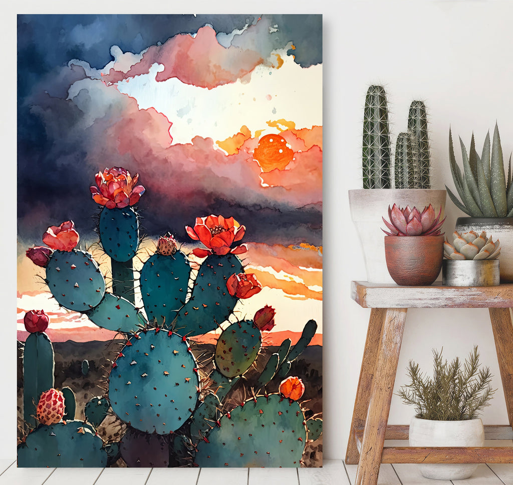 Flower Prickly Pear Cactus Sunset Art Print Watercolor Botanical Desert Wall Art Nature Inspired Sonoran Art Southwest Western Decor