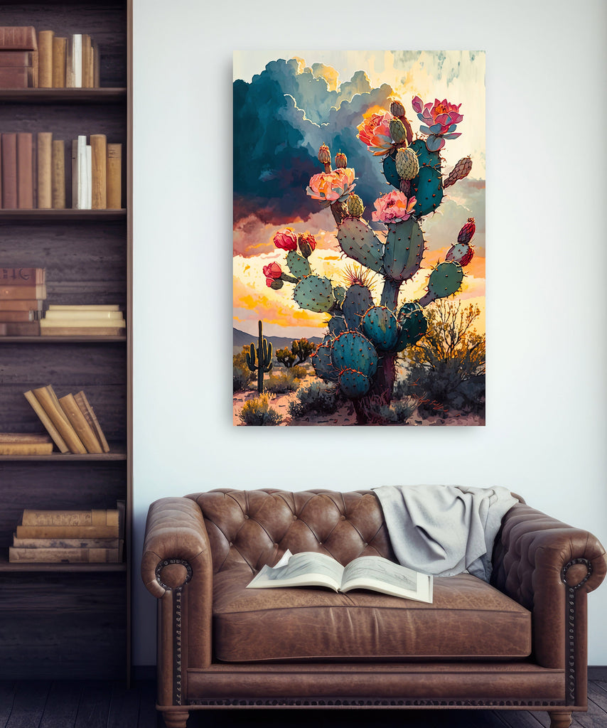 Flower Prickly Pear Cactus Sunset Art Print Watercolor Botanical Desert Wall Art Nature Inspired Sonoran Art Southwest Western Decor