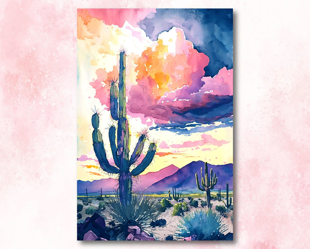 Desert Cactus Sunset Print Colorful Watercolor Wall Art Southwest Landscape Gift Saguaro Beautiful Nature Home Decor