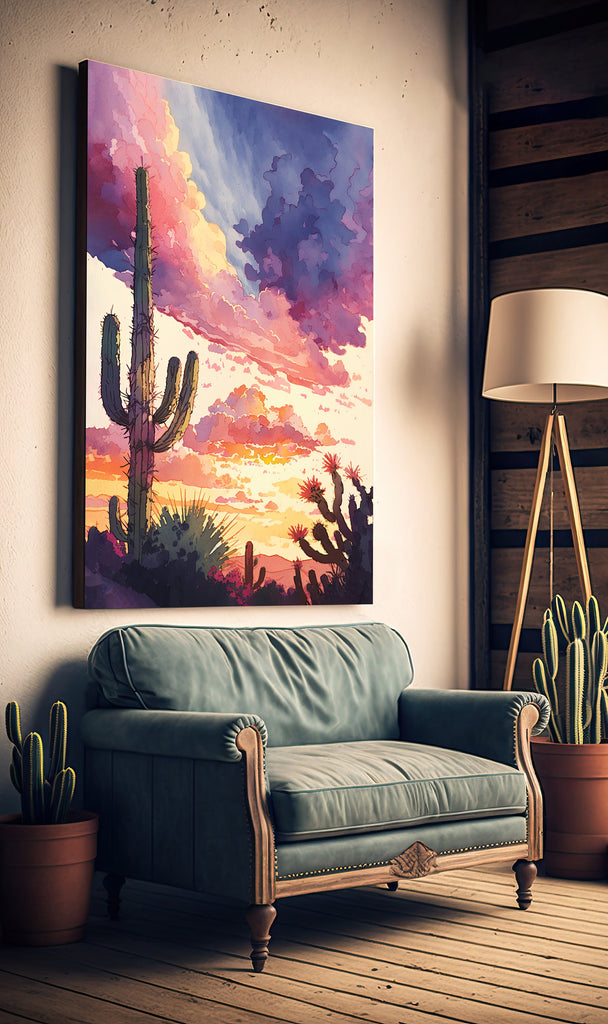 Desert Cactus Sunset Print Colorful Watercolor Wall Art Southwest Landscape Gift Saguaro Beautiful Nature Home Decor